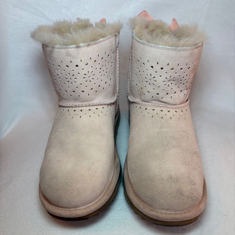 UGG Pink Suede Laser Cut Floral Bow Boots Kids Size 5